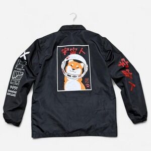 Bandage Brigade "Space Cat" jacket in black featuring a graphic of a Shiba Inu.